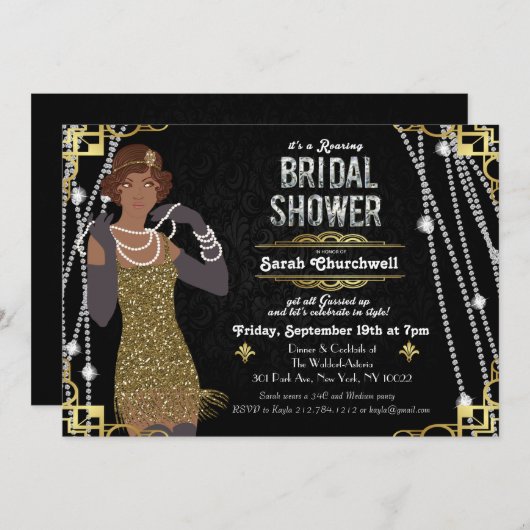 Afro-Amerikaanse Flapper Bridal Douche Uitnodiging (Voorkant / Achterkant)