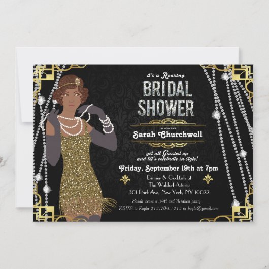 Afro-Amerikaanse Flapper Bruidsborrel Uitnodiging (Voorkant)