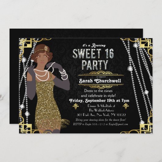 Afro-Amerikaanse Flapper Sweet 16 Uitnodiging (Voorkant / Achterkant)