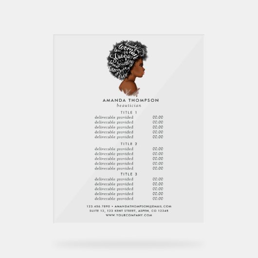 Afro-Amerikaanse Hair Salon Prijzen & Diensten Acryl Bord (Voorkant)