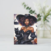 Afro-Amerikaanse heks met zwarte kat Halloween Briefkaart (Staand voorkant)