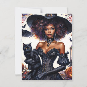 Afro-Amerikaanse heks met zwarte kat Halloween Briefkaart