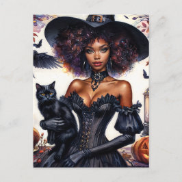 Afro-Amerikaanse heks met zwarte kat Halloween Briefkaart