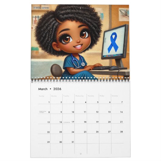 Afro-Amerikaanse kalender CHIBI medisch personeel (Mar 2026)