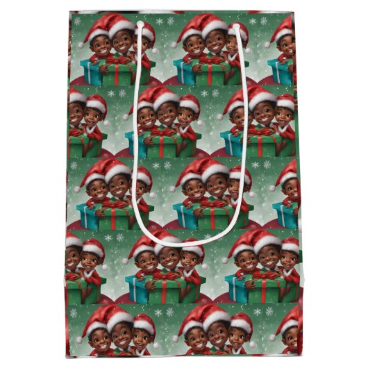 Afro-Amerikaanse Kerst Elf Medium Gift Bag Medium Cadeauzakje (Achterkant)