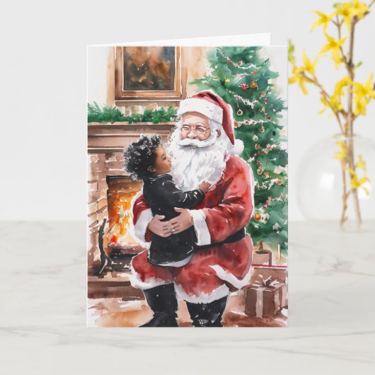 Afro-Amerikaanse kerst Kaart met kind en kerstman (Gele Bloem)