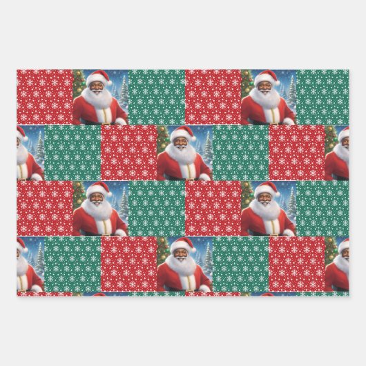 Afro-Amerikaanse Kerstman Sneeuw in Rood & Groen Inpakpapier Vel (Voorkant 3)