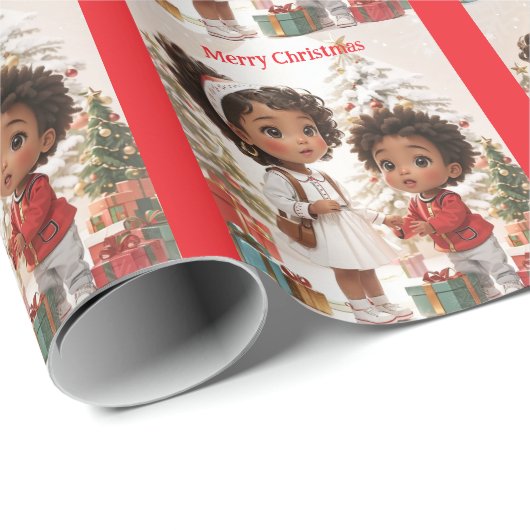 Afro-Amerikaanse Kinder vrolijke kerst Cadeaupapier (Rol Hoek)