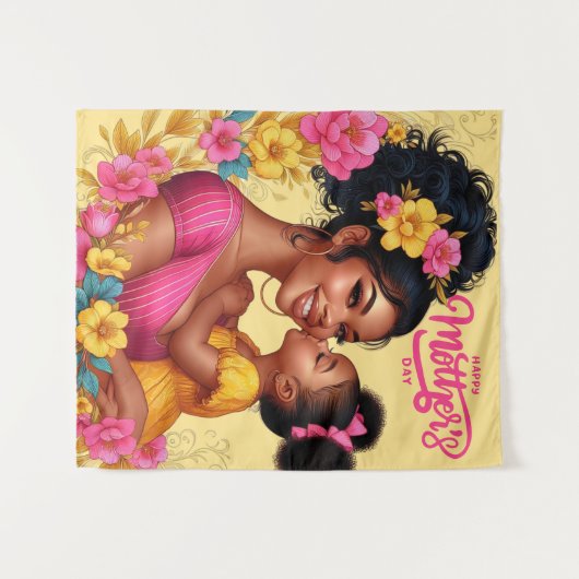 Afro-Amerikaanse moeder & dochter Happy Moederdag Wandkleed (Voorkant (horizontaal))