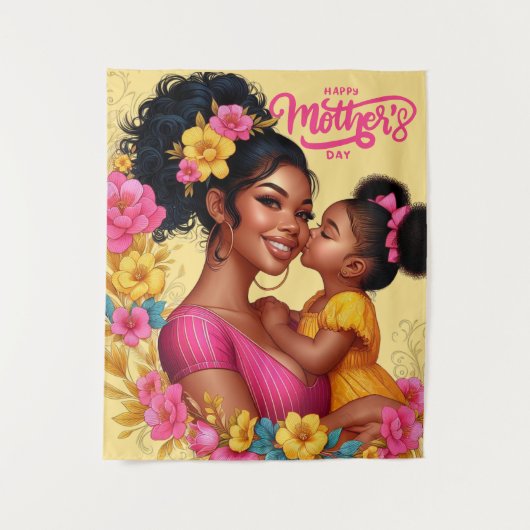 Afro-Amerikaanse moeder & dochter Happy Moederdag Wandkleed (Voorkant)