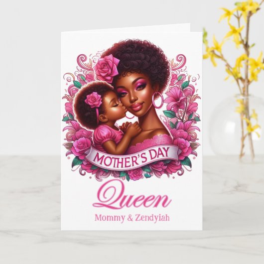 Afro-Amerikaanse moeder & dochter Moederdag Queen Kaart (Gele Bloem)