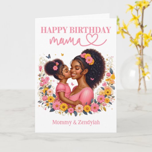 Afro-Amerikaanse moeder & dochter roze verjaardag Kaart (Gele Bloem)
