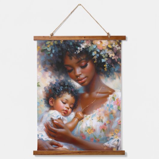 Afro-Amerikaanse moeder en Baby Floral Hangend Wandkleed (Voorkant)