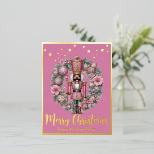 Afro-Amerikaanse Notenkraker Roze Pastel krans Folie Feestdagen Briefkaart (Staand Voorkant)