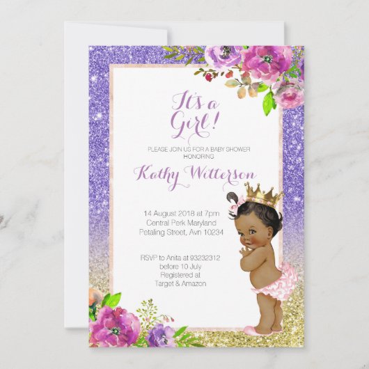 Afro-Amerikaanse Paarse Goud Baby shower Uitnodige Kaart (Voorkant)