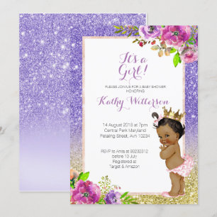 Afro-Amerikaanse Paarse Goud Baby shower Uitnodige Kaart