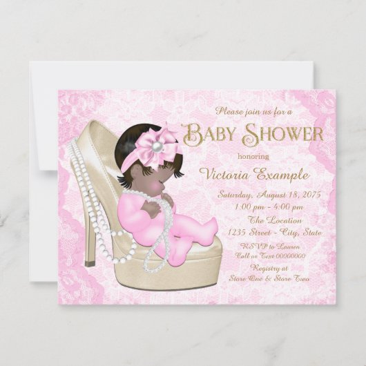 Afro-Amerikaanse Pink Pearl Lace Shoe Baby shower Kaart (Voorkant)