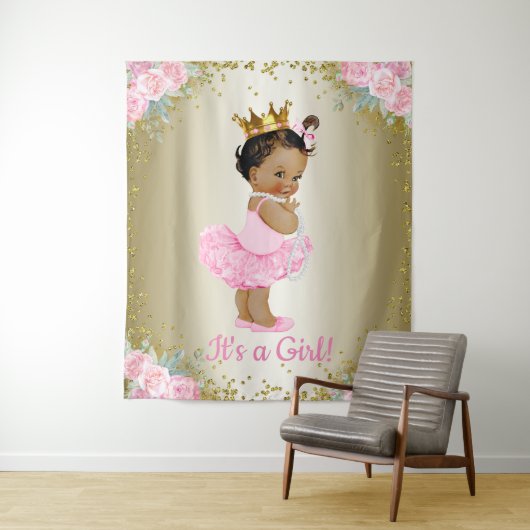 Afro-Amerikaanse prinses Baby shower achtergrond Wandkleed (In situ)
