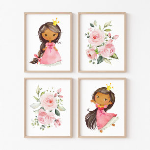 Afro-Amerikaanse prinses, bloemen, meisje kwekerij Muurkunst Sets