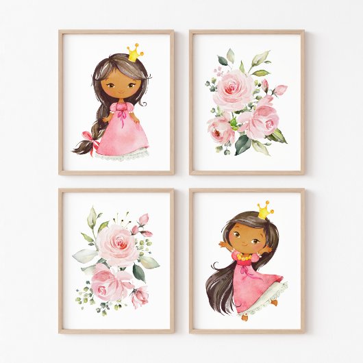 Afro-Amerikaanse prinses, bloemen, meisje kwekerij Muurkunst Sets
