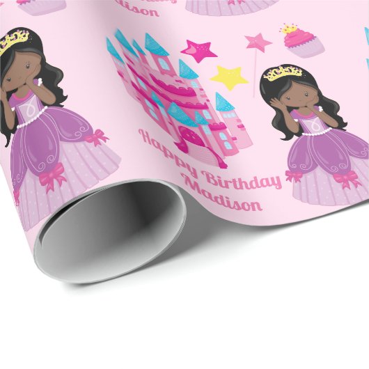 Afro-Amerikaanse prinses meisje schattig roze verj Cadeaupapier (Rol Hoek)