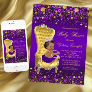 Afro-Amerikaanse Prinses Paars Goud Baby Shower Kaart