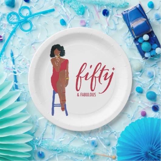 Afro-Amerikaanse rode jurk Diva 50+ & Fabulous Papieren Bordje (Feest)
