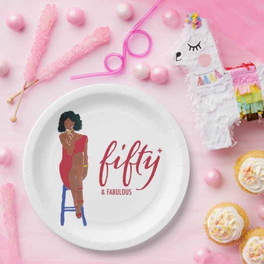 Afro-Amerikaanse rode jurk Diva 50+ & Fabulous Papieren Bordje (Feest)