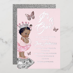 Afro-Amerikaanse Roze Zilveren Prinses Baby Borrel Folie Uitnodiging