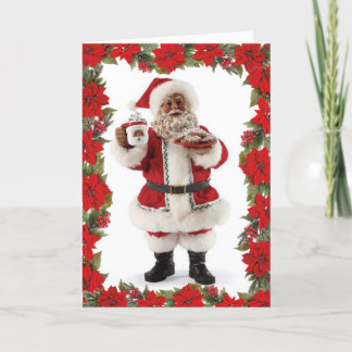 Afro-Amerikaanse Santa Enjoys Cacao & Cookies Feestdagen Kaart