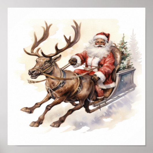 Afro-Amerikaanse Santa Rendier Sleigh met Boom Poster (Voorkant)