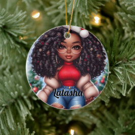 Afro-Amerikaanse Schattigee Kerstvrouw Keramisch Ornament
