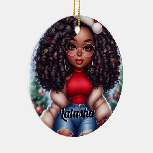 Afro-Amerikaanse Schattigee Kerstvrouw Keramisch Ornament (Rechts)