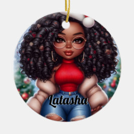 Afro-Amerikaanse Schattigee Kerstvrouw Keramisch Ornament