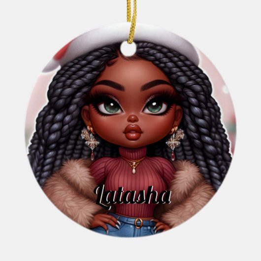 Afro-Amerikaanse Schattigee Kerstvrouw Keramisch Ornament (Voorkant)