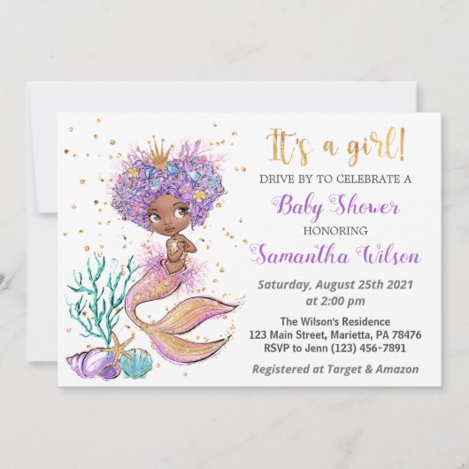 Afro-Amerikaanse Schattigee Zeemeermin Baby shower Kaart (Voorkant)