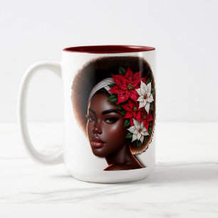 Afro-Amerikaanse schoonheid met Poinsettias Kerstm Tweekleurige Koffiemok
