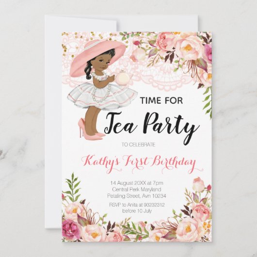 Afro-Amerikaanse Tea Birthday Party Uitnodiging (Voorkant)