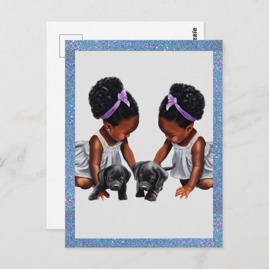 Afro-Amerikaanse tweeling meisjes met puppies Briefkaart (Voorkant / Achterkant)
