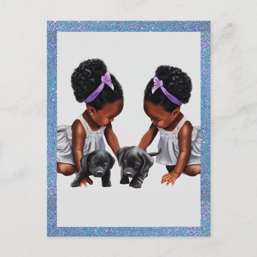Afro-Amerikaanse tweeling meisjes met puppies Briefkaart (Voorkant)