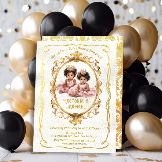 Afro-Amerikaanse Twin Gold Princess Baby shower Kaart
