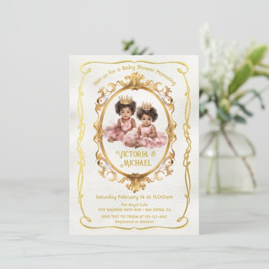 Afro-Amerikaanse Twin Gold Princess Baby shower Kaart (Staand voorkant)
