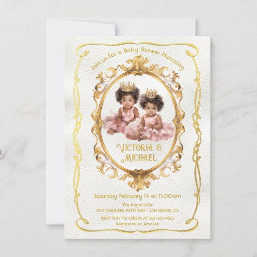 Afro-Amerikaanse Twin Gold Princess Baby shower Kaart (Voorkant)