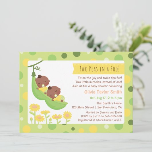 Afro-Amerikaanse Twin Peas Baby Shower-uitnodiging Kaart (Staand voorkant)