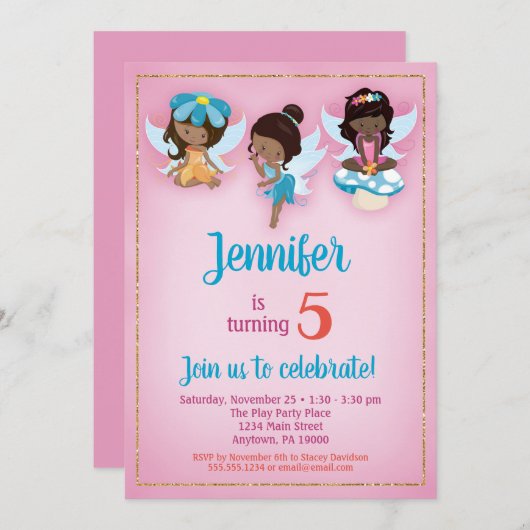 Afro-Amerikaanse verjaardagsuitnodiging voor feeën Kaart (Voorkant / Achterkant)