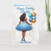 Afro-Amerikaanse Vrouw Blauw & Goud Verjaardag Kaart (Achterkant)