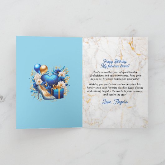 Afro-Amerikaanse Vrouw Blauw & Goud Verjaardag Kaart (Binnen)