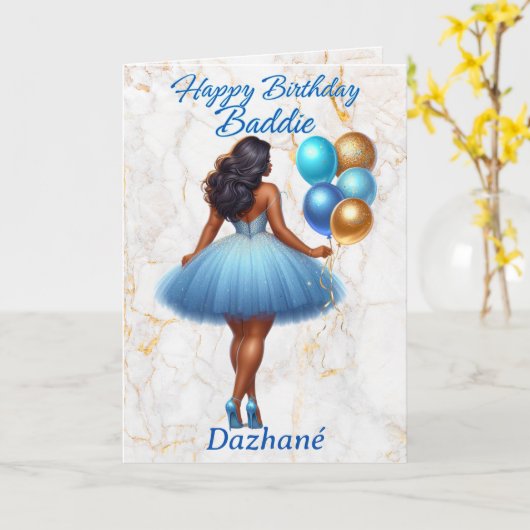 Afro-Amerikaanse Vrouw Blauw & Goud Verjaardag Kaart (Gele Bloem)