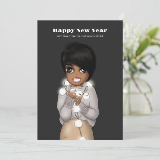 Afro-Amerikaanse vrouw Kerstverlichting Groet Feestdagenkaart (Staand voorkant)