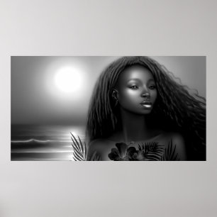 Afro-Amerikaanse vrouw maanlicht strand Monochroom Poster